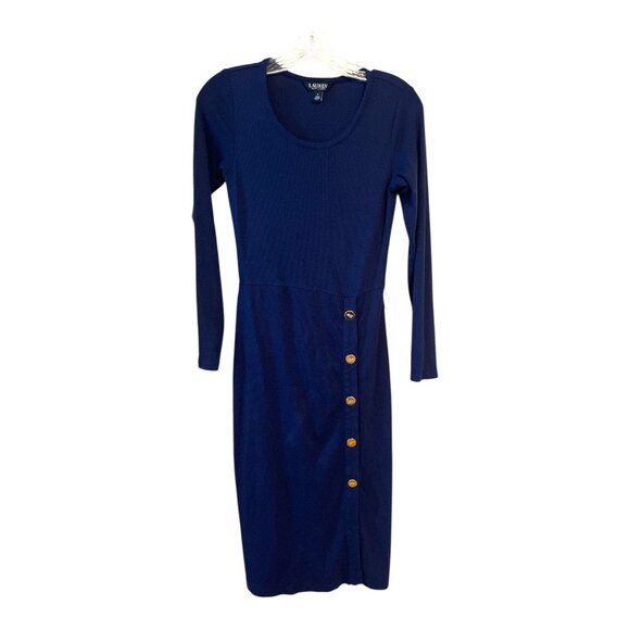 Lauren Ralph Lauren Navy Blue Long Sleeve Midi Dress – Size 4 – Gold Button Deta - Picture 1 of 6